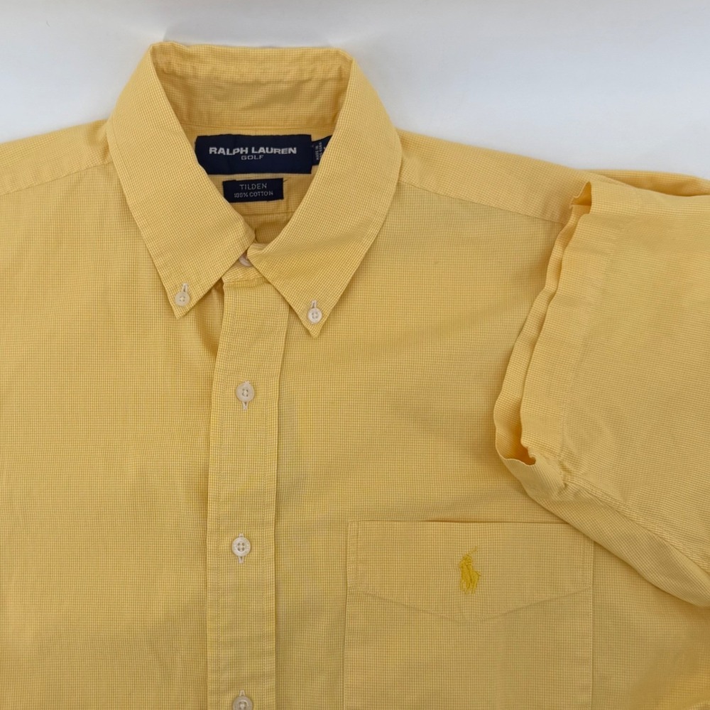 Ralph Lauren Shirt Mens M Yellow Tilden Golf Short Sleeve Button Down Check Logo